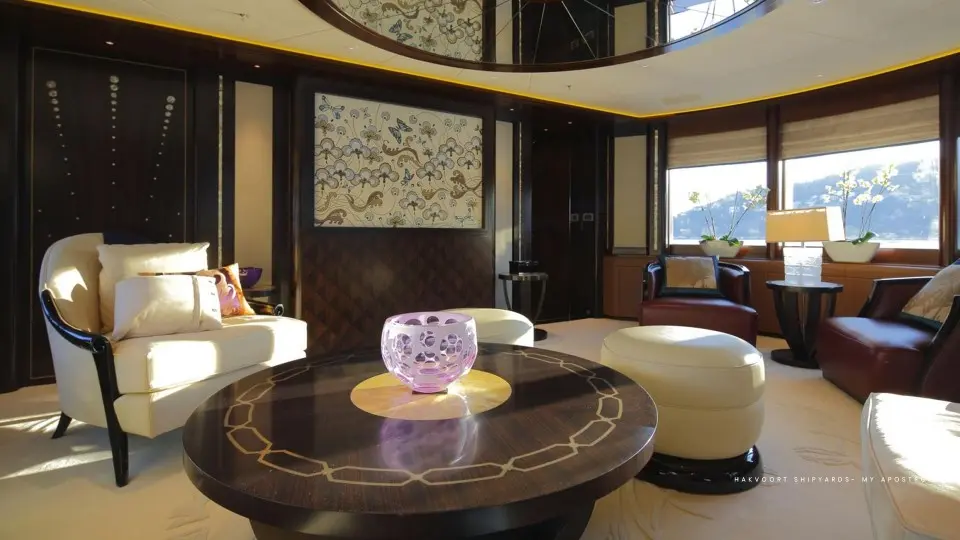 A bespoke-upholstered yacht salon
